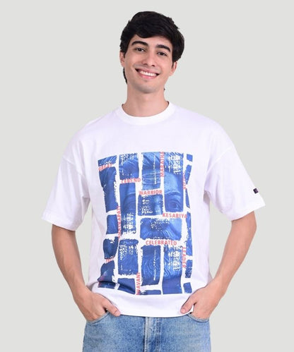 Men's White Shivaji Graphic Print Half Sleeves Oversized Fit T-Shirt